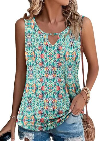 KISSMODA Womens Summer Tank Tops Casual Sleeveless Solid Printed Tunic Top Loose Fit V Neck Shirts in Kuwait