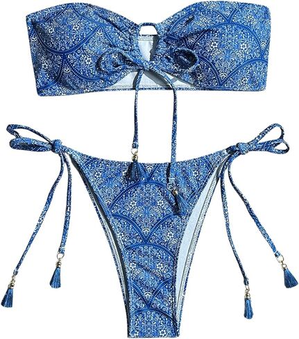 MakeMeChic Women's Bikini Sets Floral Print Bow Knot Tie Side Bandeau Bathing Suits in Saudi Arabia