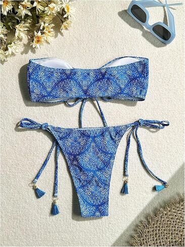 MakeMeChic Women's Bikini Sets Floral Print Bow Knot Tie Side Bandeau Bathing Suits in Saudi Arabia