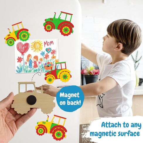 12-Pack Pre-Packaged Tractor Party Favors, Wooden Tractor Cutouts with Magnets & Painting Kits for Kids, Farm Theme Birthday Decorations & Thank You Gifts for Guests in Saudi Arabia