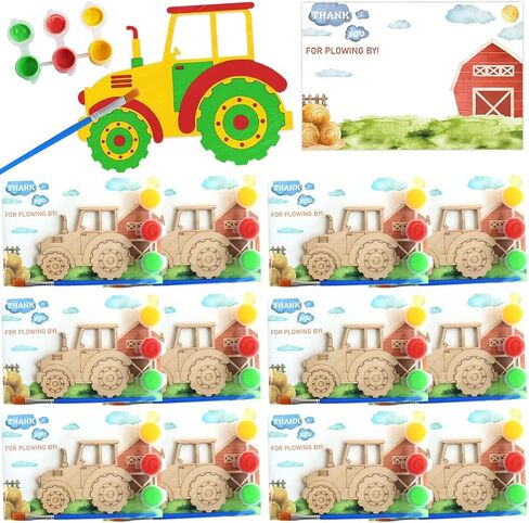 12-Pack Pre-Packaged Tractor Party Favors, Wooden Tractor Cutouts with Magnets & Painting Kits for Kids, Farm Theme Birthday Decorations & Thank You Gifts for Guests in Saudi Arabia