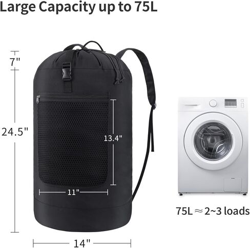 حقيبة غسيل مغسلة ، حقيبة تحمل على الظهر الثقيلة - حقيبة ظهر غسيل كبيرة السعة مع أحزمة راحة وجيب شبكي وجيب مضغوط ، حقيبة عائق قوية للمسكن ، الكلية ، السفر ، المغسلة ، الشقة ، 75 لتر أسود in Kuwait