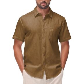 SIR7 Mens Summer Short Sleeve Cotton Linen Shirts Casual Button Down Shirts Beach Vacation Wedding Tops in Kuwait