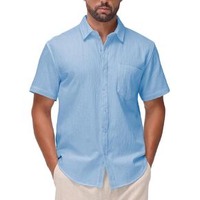 SIR7 Mens Summer Short Sleeve Cotton Linen Shirts Casual Button Down Shirts Beach Vacation Wedding Tops in Kuwait