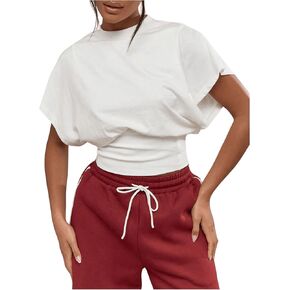 GORGLITTER Women's Dolman Short Sleeve Crop Tops Ruched Crew Neck Casual Going Out Tops in Saudi Arabia