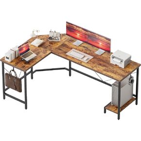 Modern L-Shaped Computer Desk with Monitor Stand | 66" Corner Home Office Desk with Storage Shelves | Spacious Workstation for Gaming & Work, Rustic Brown in Saudi Arabia