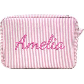 Personalized Monogram Makeup Bag, Custom Cosmetic Bag with Zipper, Birthday Gifts for Girls Sister & Girlfriend, Lightweight Seersucker Travel Pouch for Toiletries with Striped Pattern in Saudi Arabia