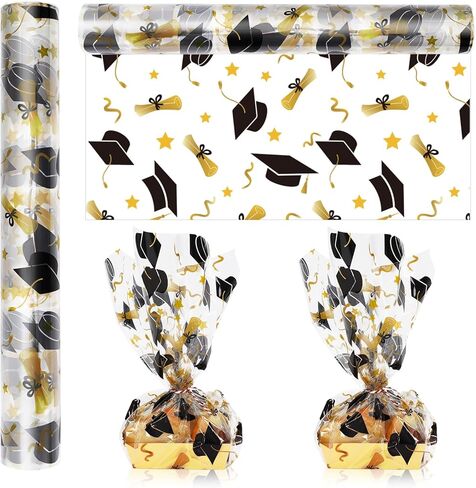 Whaline Graduation Cellophane Wrap Roll 100Ft x 16In 2.5Mil Blue Gold Grad Cap Cellophane Paper Clear Cello Wrapping Paper for Treat Basket Party Favor in Kuwait