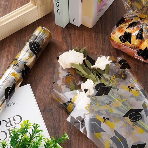 Whaline Graduation Cellophane Wrap Roll 100Ft x 16In 2.5Mil Blue Gold Grad Cap Cellophane Paper Clear Cello Wrapping Paper for Treat Basket Party Favor in Kuwait