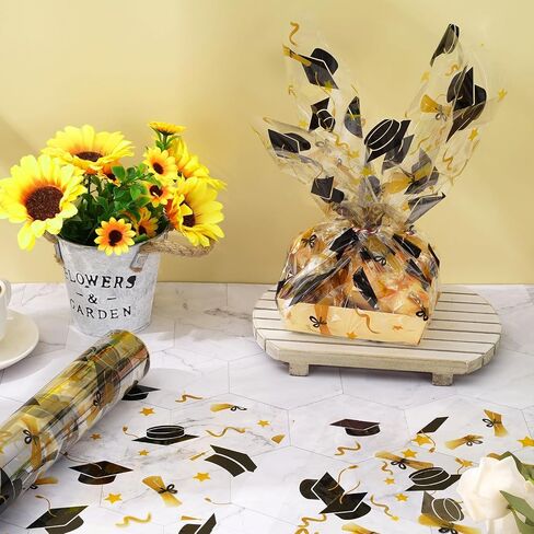 Whaline Graduation Cellophane Wrap Roll 100Ft x 16In 2.5Mil Blue Gold Grad Cap Cellophane Paper Clear Cello Wrapping Paper for Treat Basket Party Favor in Kuwait