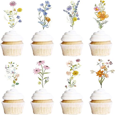 36PCS Wildflower Cupcake Toppers, Flower Cake Topper Baby In Bloom Baby Shower Decorations for Girl Floral Butterfly Birthday Wedding Garden Spring Tea Party in Kuwait