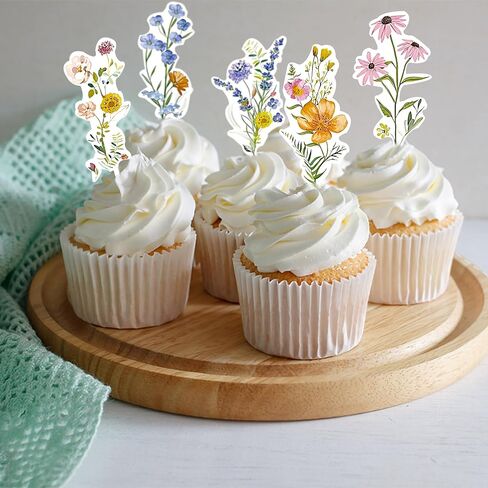 36PCS Wildflower Cupcake Toppers, Flower Cake Topper Baby In Bloom Baby Shower Decorations for Girl Floral Butterfly Birthday Wedding Garden Spring Tea Party in Kuwait
