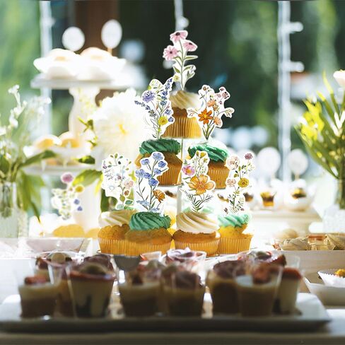 36PCS Wildflower Cupcake Toppers, Flower Cake Topper Baby In Bloom Baby Shower Decorations for Girl Floral Butterfly Birthday Wedding Garden Spring Tea Party in Kuwait