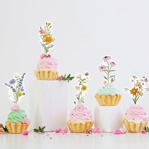 36PCS Wildflower Cupcake Toppers, Flower Cake Topper Baby In Bloom Baby Shower Decorations for Girl Floral Butterfly Birthday Wedding Garden Spring Tea Party in Kuwait