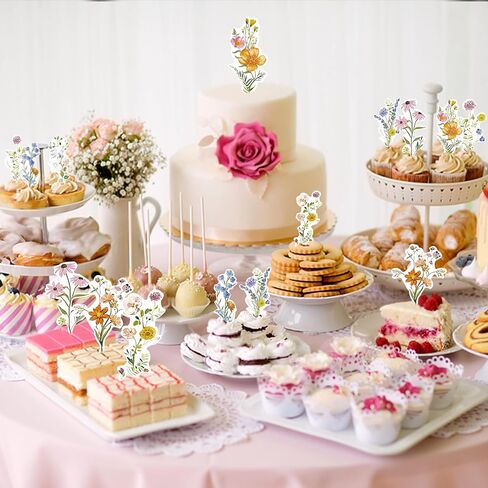 36PCS Wildflower Cupcake Toppers, Flower Cake Topper Baby In Bloom Baby Shower Decorations for Girl Floral Butterfly Birthday Wedding Garden Spring Tea Party in Kuwait