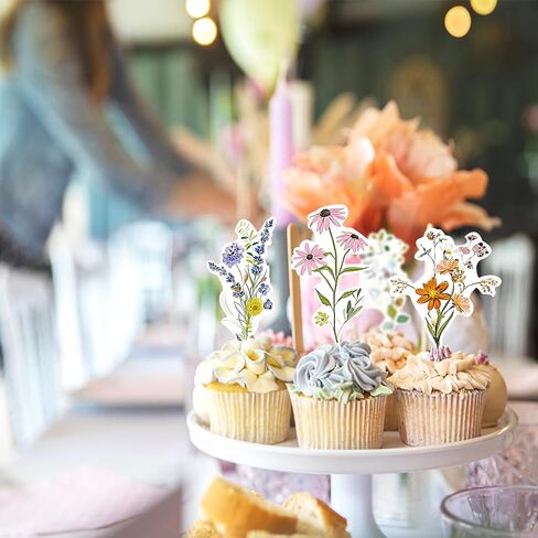 36PCS Wildflower Cupcake Toppers, Flower Cake Topper Baby In Bloom Baby Shower Decorations for Girl Floral Butterfly Birthday Wedding Garden Spring Tea Party in Kuwait
