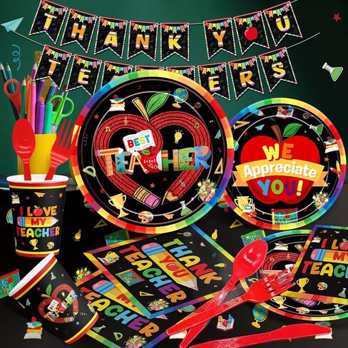 185Pcs Teacher Appreciation Party Supplies Teacher Appreciation Decorations Teacher Appreciation Banner Thank You Teachers Tableware in Kuwait