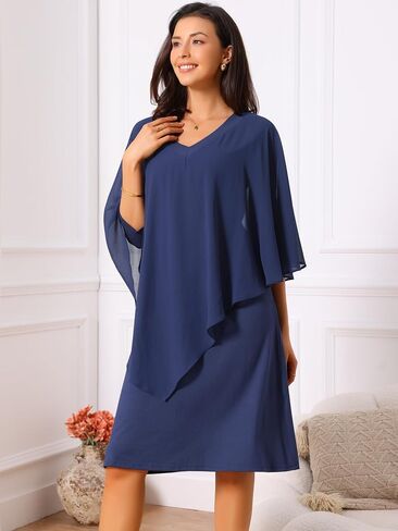 Seta T Women's Fall Dresses 3/4 Sleeve V Neck Chiffon Cape Overlay Knee Length Pencil Dress for Wedding Guest in Saudi Arabia