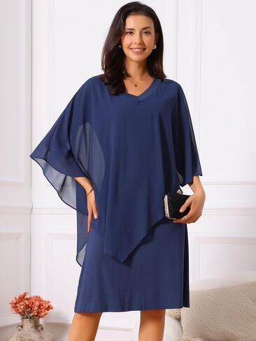 Seta T Women's Fall Dresses 3/4 Sleeve V Neck Chiffon Cape Overlay Knee Length Pencil Dress for Wedding Guest in Saudi Arabia