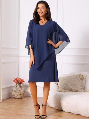 Seta T Women's Fall Dresses 3/4 Sleeve V Neck Chiffon Cape Overlay Knee Length Pencil Dress for Wedding Guest in Saudi Arabia