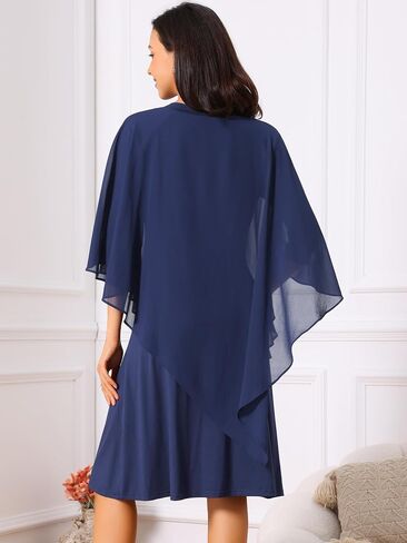 Seta T Women's Fall Dresses 3/4 Sleeve V Neck Chiffon Cape Overlay Knee Length Pencil Dress for Wedding Guest in Saudi Arabia