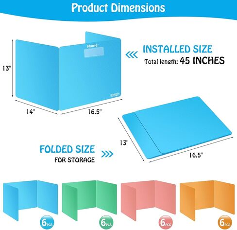 Colorful 12-Pack Desk Dividers for Students, Durable Plastic Study Carrel Divider, Easy to Clean Privacy Classroom Shield Folder Boards for Student Desk Pink Orange Blue Green in Kuwait