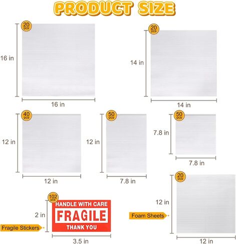 100 Pcs Packing Moving Foam Pouches & Sheets, 5 Sizes Cushion Foam Wrap Pouches with Fragile Stickers for Protect Dishes Cup Glasses Storage Supplies (7.8X7.8", 7.5X12", 12X12", 14X14", 16X16") in Saudi Arabia
