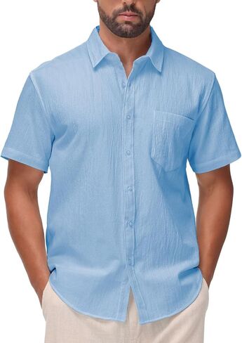 SIR7 Mens Summer Short Sleeve Cotton Linen Shirts Casual Button Down Shirts Beach Vacation Wedding Tops in Kuwait