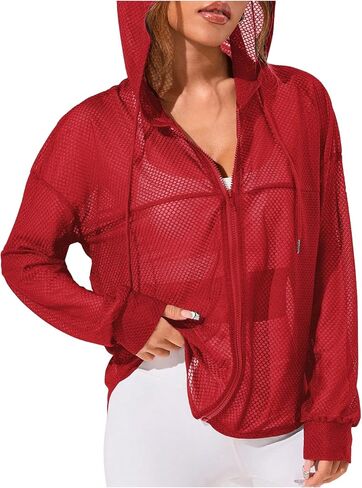 SweatyRocks Women's Zip Up Hoodie Sheer Mesh Hooded Workout Running Jackets in Saudi Arabia