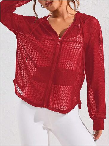 SweatyRocks Women's Zip Up Hoodie Sheer Mesh Hooded Workout Running Jackets in Saudi Arabia