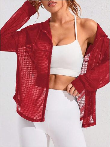 SweatyRocks Women's Zip Up Hoodie Sheer Mesh Hooded Workout Running Jackets in Saudi Arabia