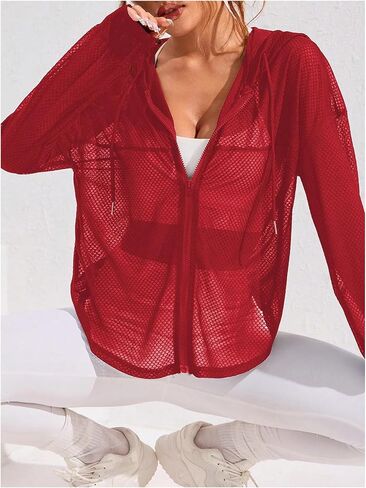 SweatyRocks Women's Zip Up Hoodie Sheer Mesh Hooded Workout Running Jackets in Saudi Arabia