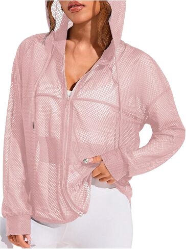 SweatyRocks Women's Zip Up Hoodie Sheer Mesh Hooded Workout Running Jackets in Saudi Arabia