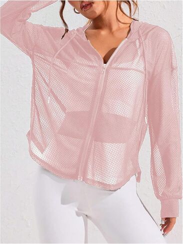 SweatyRocks Women's Zip Up Hoodie Sheer Mesh Hooded Workout Running Jackets in Saudi Arabia