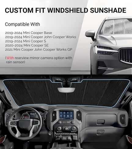 Windshield Sun Shade for Co-oper 2014-2024,No RVM Cam,with Rain Sensor,Thick Front Windshield Sunshade,6 Layers Sun Shield,Accordion Fold in Saudi Arabia