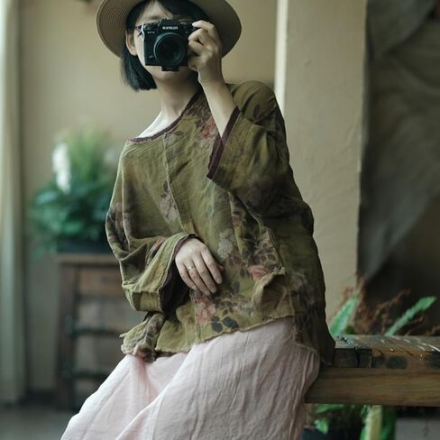 NFYM Women Hippie Clothes Hend Round Neck Flower Pullover Tops Tops Obintage Blouse in Kuwait