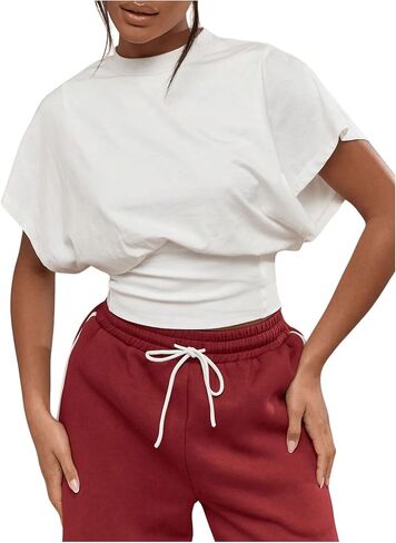 GORGLITTER Women's Dolman Short Sleeve Crop Tops Ruched Crew Neck Casual Going Out Tops in Saudi Arabia