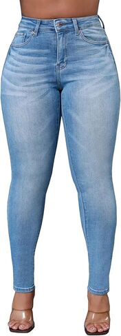 HugeNice Women's Mid-Rise Stretch Skinny Jeans Casual Slim Fit Elastic Waist Denim Pants in Kuwait