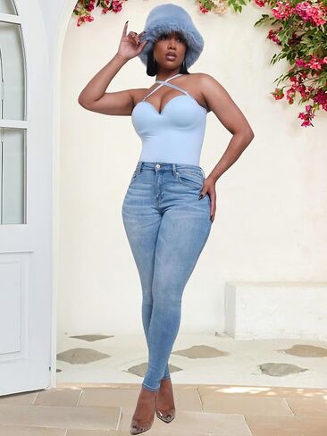 HugeNice Women's Mid-Rise Stretch Skinny Jeans Casual Slim Fit Elastic Waist Denim Pants in Kuwait