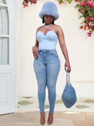 HugeNice Women's Mid-Rise Stretch Skinny Jeans Casual Slim Fit Elastic Waist Denim Pants in Kuwait