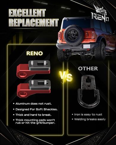 RENO Bronco Rear Tow Hooks, Tow Point Hooks Fits Soft Shackles Towing Recovery Compatible with 2021-2024 Bronco, Replace OEM M-18954-BTHR (Aluminum, Red, Set of 2) in Kuwait