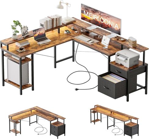 Modern L-Shaped Computer Desk with Monitor Stand | 66" Corner Home Office Desk with Storage Shelves | Spacious Workstation for Gaming & Work, Rustic Brown in Saudi Arabia