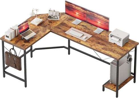 Modern L-Shaped Computer Desk with Monitor Stand | 66" Corner Home Office Desk with Storage Shelves | Spacious Workstation for Gaming & Work, Rustic Brown in Saudi Arabia