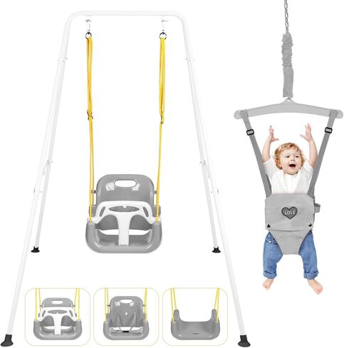 4-in-1 Toddler Swing Set & Baby Jumper and Bouncer for Toddlers, Foldable Baby Swing Stand for Outdoor Indoor Play, Easy to Assemble and Store for Ages 6 Months to 10 Years Old (Grey) in Kuwait