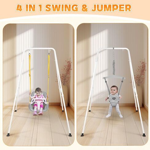 4-in-1 Toddler Swing Set & Baby Jumper and Bouncer for Toddlers, Foldable Baby Swing Stand for Outdoor Indoor Play, Easy to Assemble and Store for Ages 6 Months to 10 Years Old (Grey) in Kuwait