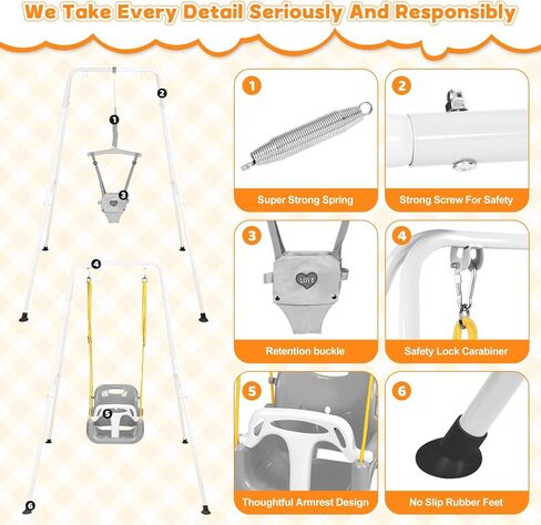 4-in-1 Toddler Swing Set & Baby Jumper and Bouncer for Toddlers, Foldable Baby Swing Stand for Outdoor Indoor Play, Easy to Assemble and Store for Ages 6 Months to 10 Years Old (Grey) in Kuwait