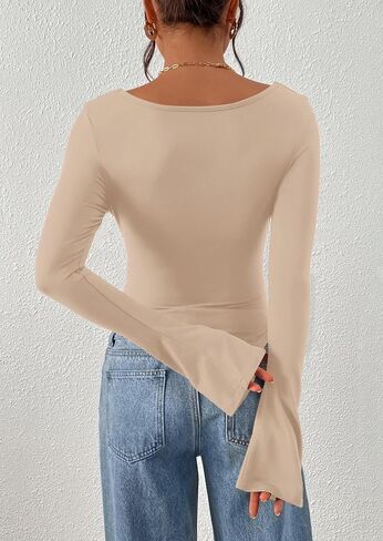 PRETTYGARDEN Womens Bell Long Sleeve Shirts Casual Cowl Neck Asymmetrical Slim Fit Crop Tops Y2K Going Out Fall Clothes in Saudi Arabia