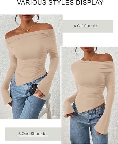 PRETTYGARDEN Womens Bell Long Sleeve Shirts Casual Cowl Neck Asymmetrical Slim Fit Crop Tops Y2K Going Out Fall Clothes in Saudi Arabia