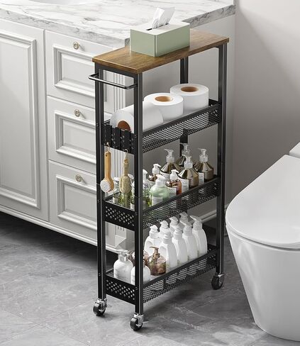 عربة تخزين Giwil Slim 5 Tier Narrow Kitchen Rolling Cart على عجلات للمساحة الصغيرة ، عربة المعادن الضيقة خزانة الحمام الجرف الجرف المنظم مع قمة الخشب والمقبض ، الأسود in Saudi Arabia