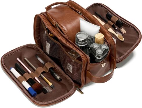 IUI Toiletry Bag for Men - Large Mens Travel Bag Toiletries Organizer- Shaving Bag for Toiletry Bathroom Water-resistant Hanging Dopp Kit PU Leather Cosmetic Bags for Traveling, Brown in Saudi Arabia